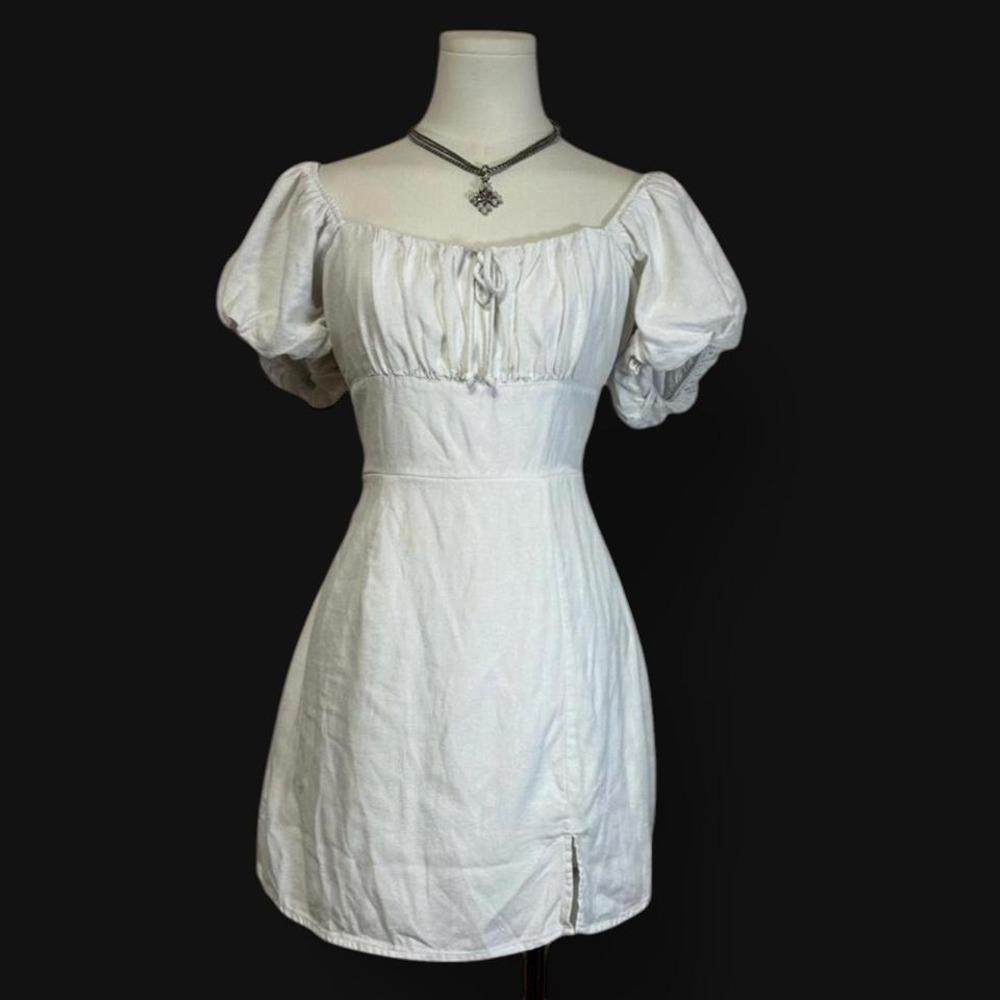 Trixxi Linen Blend Babydoll Dress Milkmaid Ruched Womens M Cottagecore Coquette